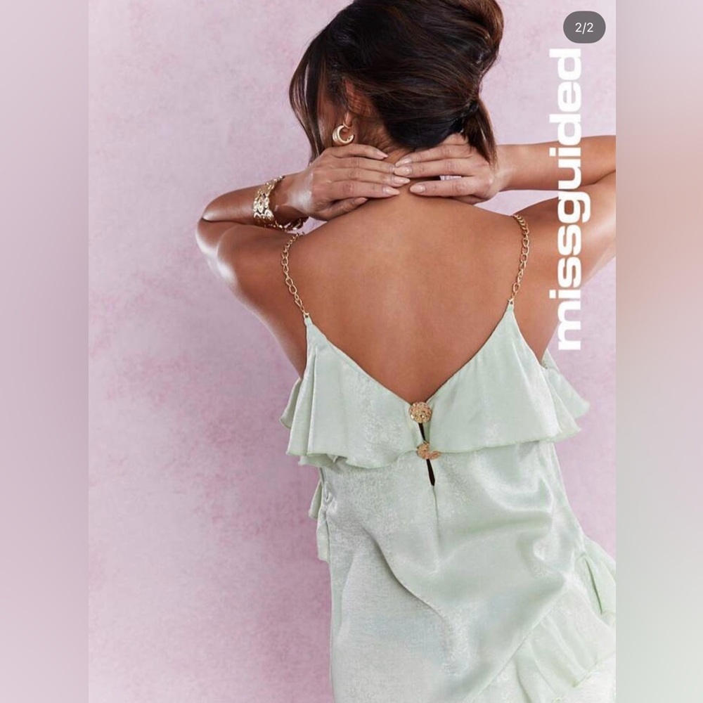 Missguided Mint Green Ruffle Slip Maxi Dress Gold Chain Straps Medium NWT - Picture 7 of 7